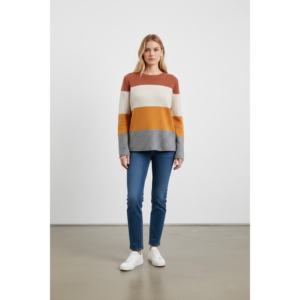 Pinque Colorblock Crewneck Sweater Rust Cream Mustard Gray Knit Pullover Small S
